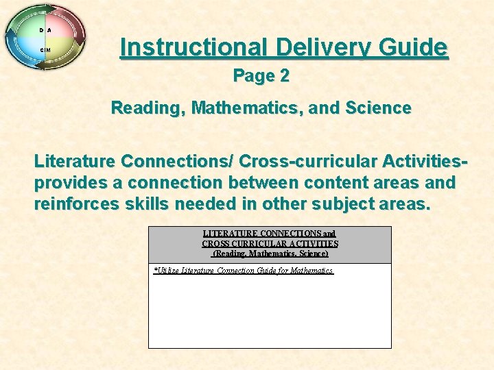 D A CIM Instructional Delivery Guide Page 2 Reading, Mathematics, and Science Literature Connections/