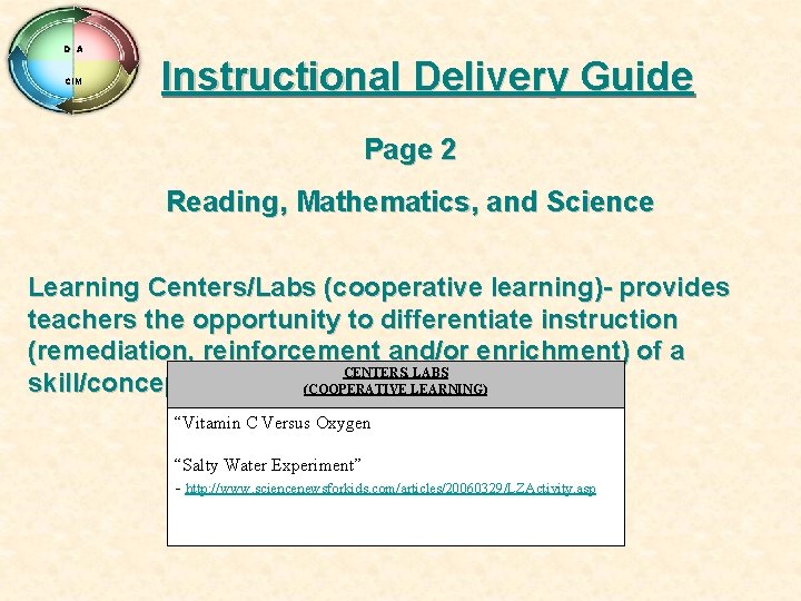 D A CIM Instructional Delivery Guide Page 2 Reading, Mathematics, and Science Learning Centers/Labs