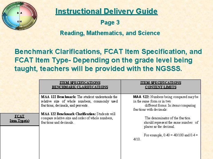 D A CIM Instructional Delivery Guide Page 3 Reading, Mathematics, and Science Benchmark Clarifications,