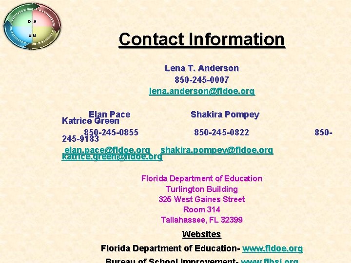 D A CIM Contact Information Lena T. Anderson 850 -245 -0007 lena. anderson@fldoe. org