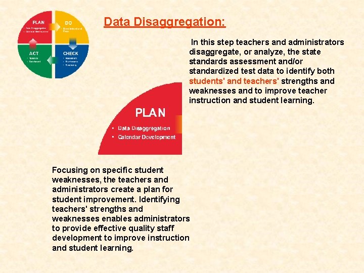 Data Disaggregation: In this step teachers and administrators disaggregate, or analyze, the state standards