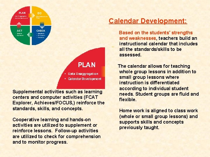  Calendar Development: Based on the students' strengths and weaknesses, teachers build an instructional