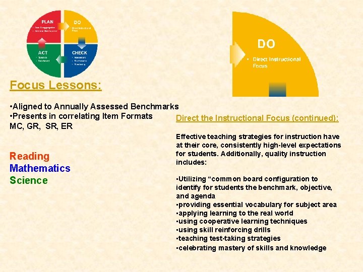 Focus Lessons: • Aligned to Annually Assessed Benchmarks • Presents in correlating Item Formats