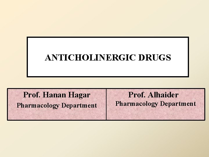 ANTICHOLINERGIC DRUGS Prof. Hanan Hagar Prof. Alhaider Pharmacology Department 