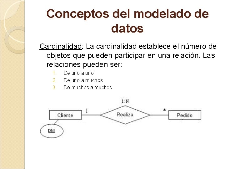 Conceptos del modelado de datos Cardinalidad: La cardinalidad establece el número de objetos que