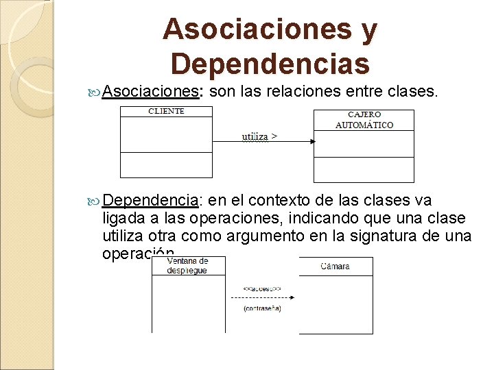 Asociaciones y Dependencias Asociaciones: son las relaciones entre clases. Dependencia: en el contexto de