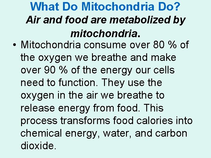 What Do Mitochondria Do? Air and food are metabolized by mitochondria. • Mitochondria consume