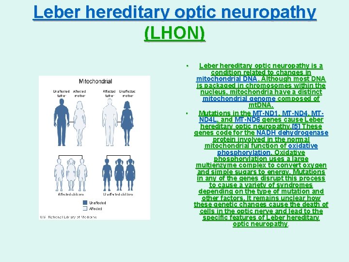 Leber hereditary optic neuropathy (LHON) • Leber hereditary optic neuropathy is a condition related