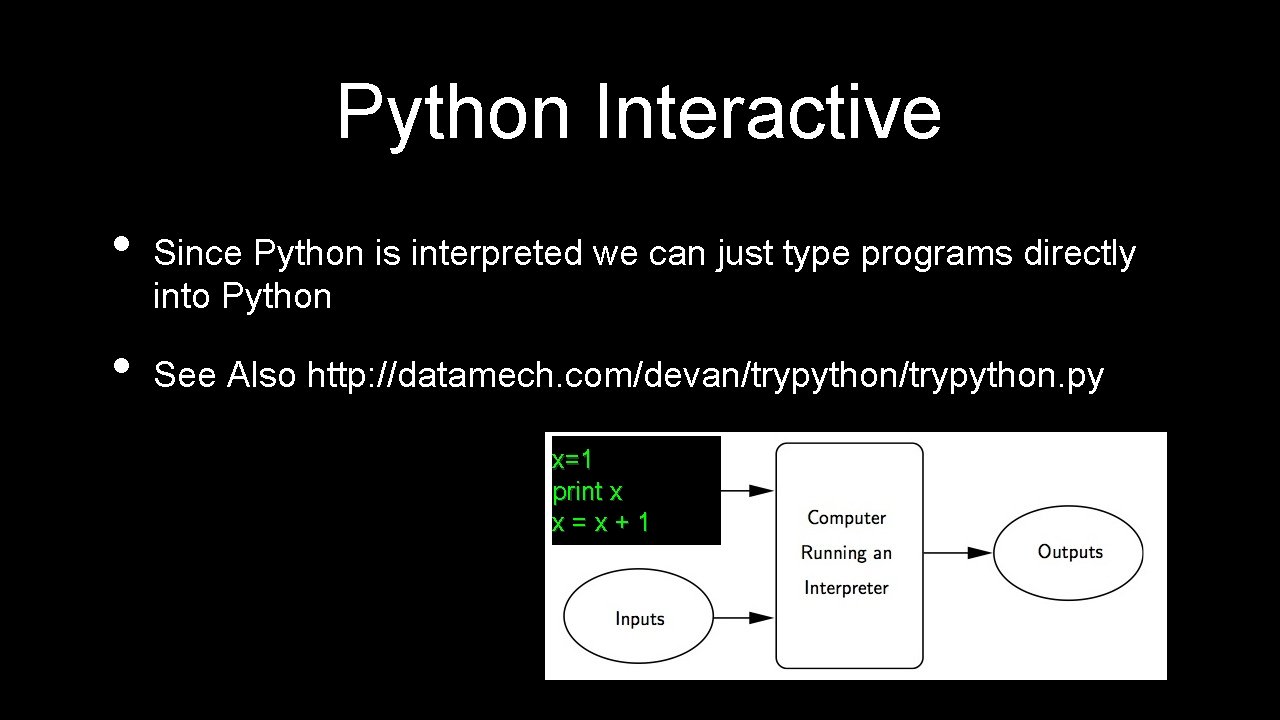 Python Interactive • • Since Python is interpreted we can just type programs directly