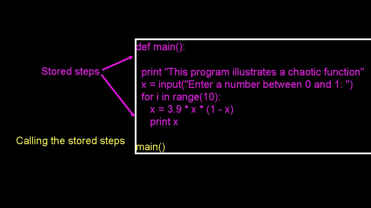 def main(): Stored steps Calling the stored steps print "This program illustrates a chaotic