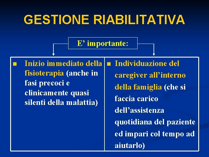 GESTIONE RIABILITATIVA E’ importante: n Inizio immediato della fisioterapia (anche in fasi precoci e