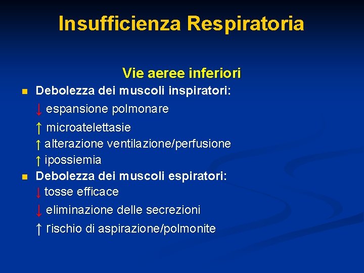 Insufficienza Respiratoria Vie aeree inferiori n Debolezza dei muscoli inspiratori: ↓ espansione polmonare ↑