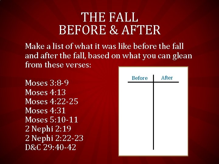 THE FALL BEFORE & AFTER Make a list of what it was like before THE FALL BEFORE & AFTER Make a list of what it was like before