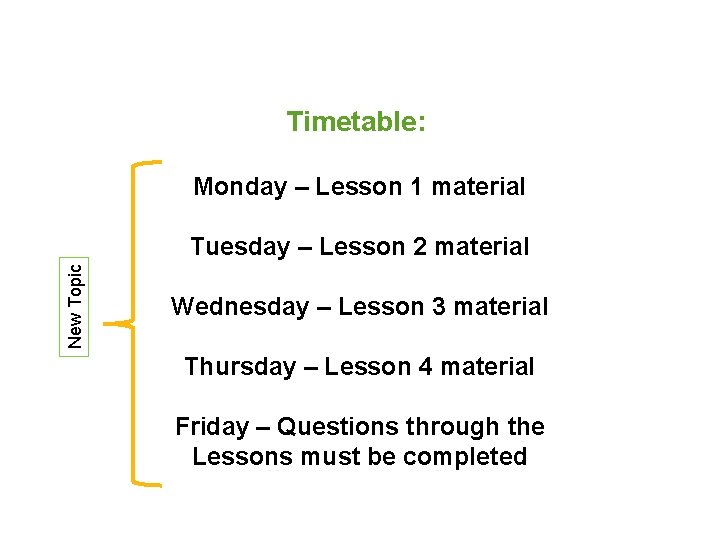 Timetable: Monday – Lesson 1 material New Topic Tuesday – Lesson 2 material Wednesday