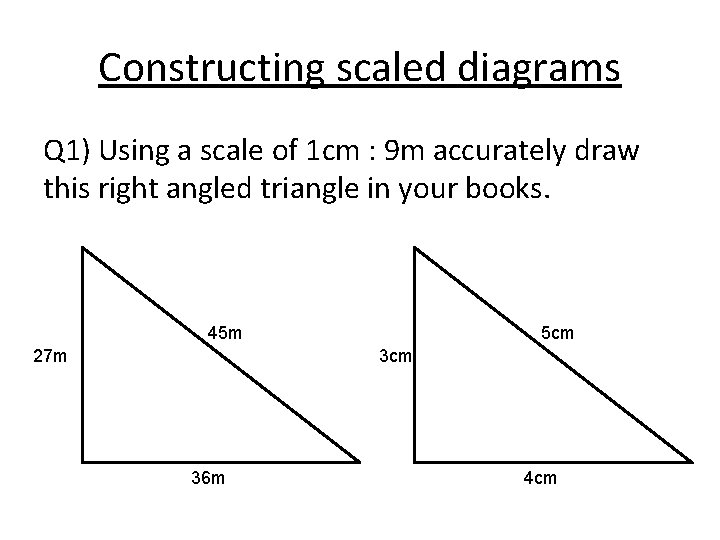 Constructing scaled diagrams Q 1) Using a scale of 1 cm : 9 m