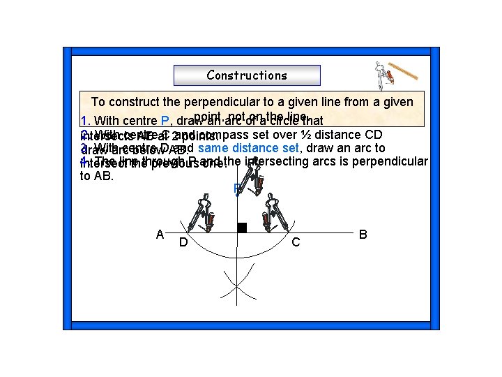 Constructions To construct the perpendicular to a given line from a given point, not