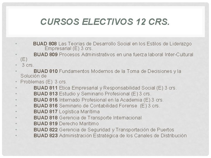 CURSOS ELECTIVOS 12 CRS. • BUAD 808 Las Teorías de Desarrollo Social en los