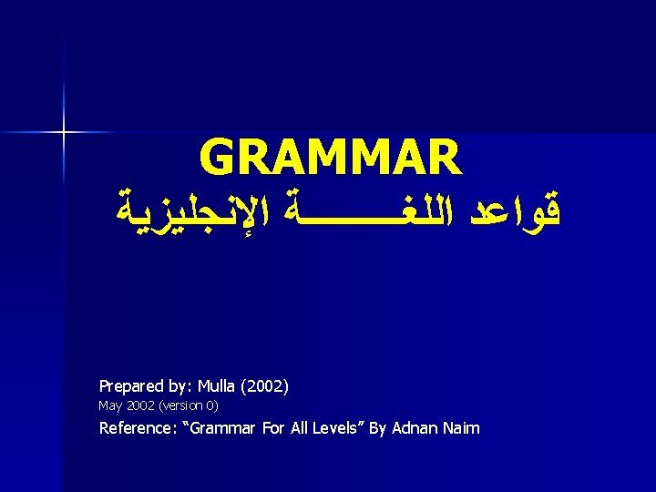 GRAMMAR ﻗﻮﺍﻋﺪ ﺍﻟﻠﻐـــــﺔ ﺍﻹﻧﺠﻠﻴﺰﻳﺔ Prepared by: Mulla (2002) May 2002 (version 0) Reference: “Grammar