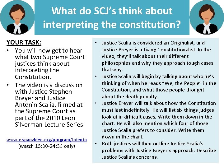 What do SCJ’s think about interpreting the constitution? YOUR TASK: • You will now