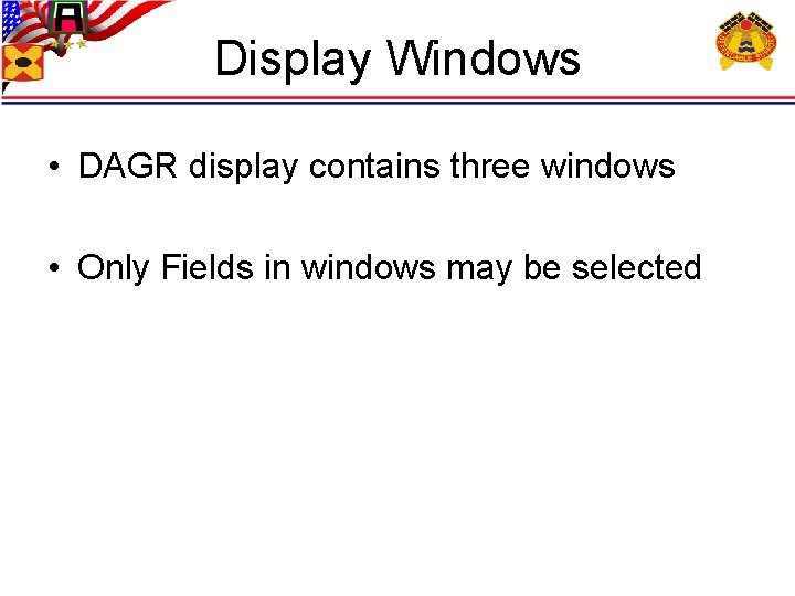 Display Windows • DAGR display contains three windows • Only Fields in windows may