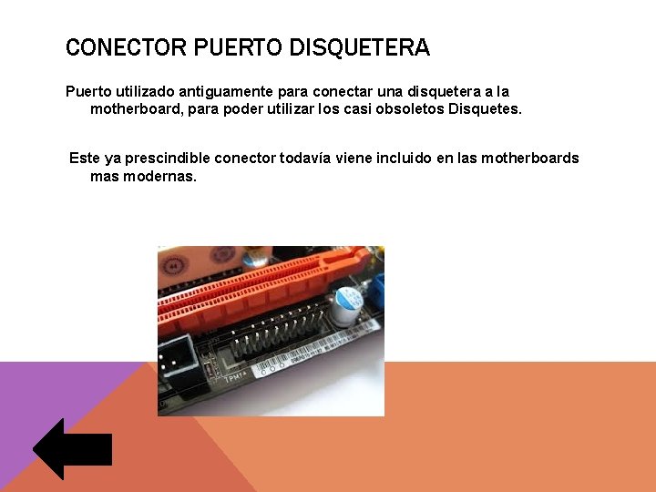 CONECTOR PUERTO DISQUETERA Puerto utilizado antiguamente para conectar una disquetera a la motherboard, para