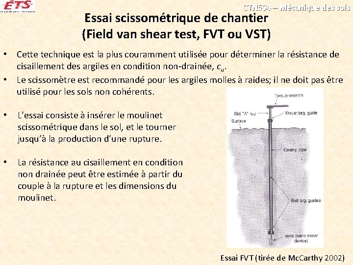 CTN 504 – Mécanique des sols Essai scissométrique de chantier (Field van shear test,