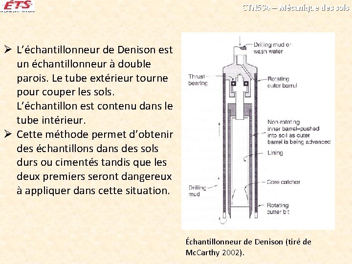 CTN 504 – Mécanique des sols Ø L’échantillonneur de Denison est un échantillonneur à