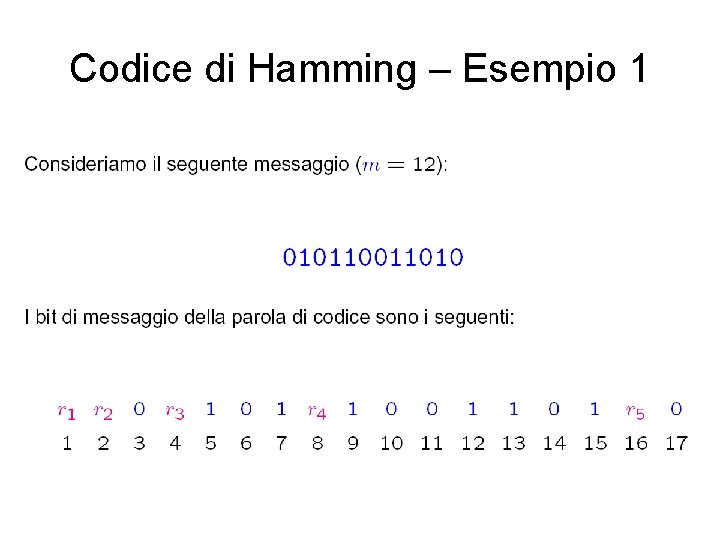 Codice di Hamming – Esempio 1 Codice di Hamming – Esempio 1
