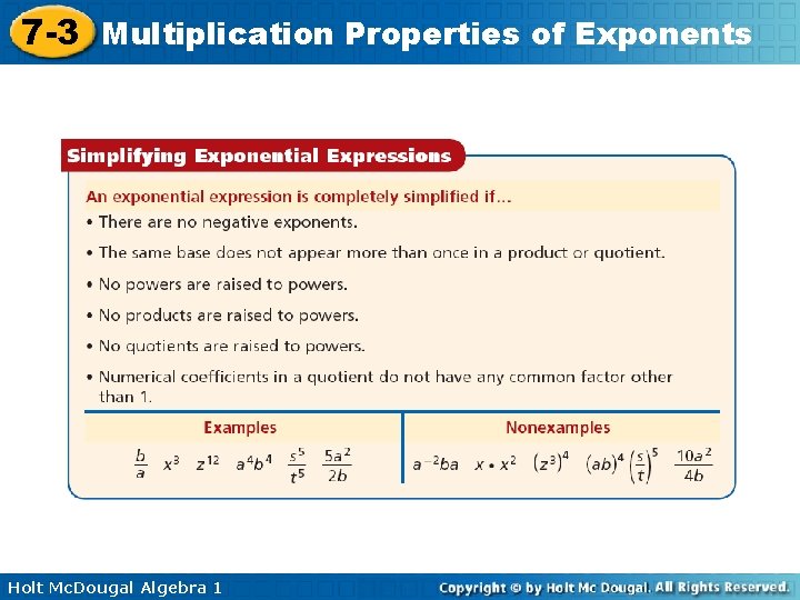 7 -3 Multiplication Properties of Exponents Holt Mc. Dougal Algebra 1 