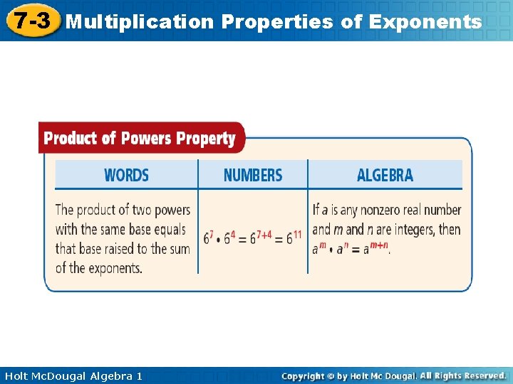 7 -3 Multiplication Properties of Exponents Holt Mc. Dougal Algebra 1 