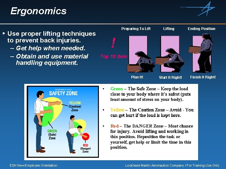 Ergonomics § Use proper lifting techniques to prevent back injuries. – Get help when