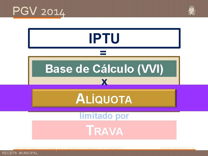 PGV 2014 IPTU = Base de Cálculo (VVI) x ALÍQUOTA limitado por TRAVA SECRETARIA