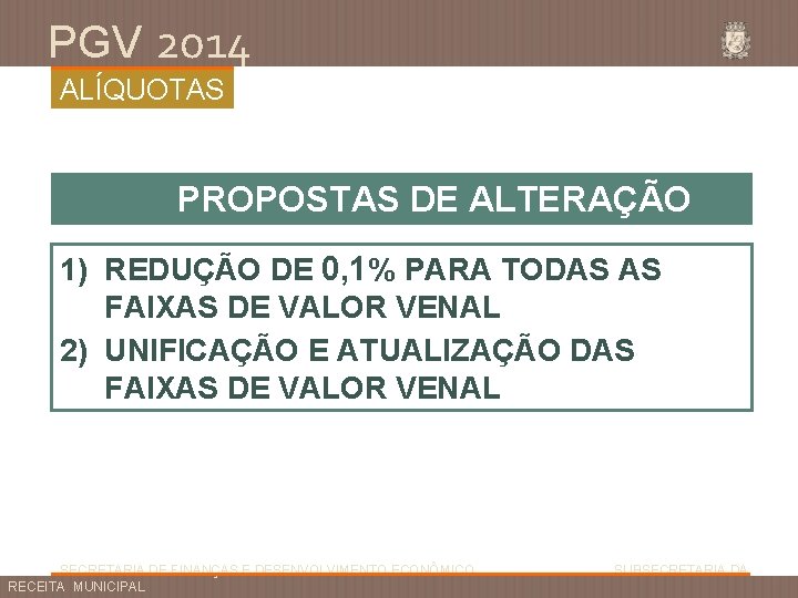 PGV 2014 ALÍQUOTAS PROPOSTAS DE ALTERAÇÃO 1) REDUÇÃO DE 0, 1% PARA TODAS AS