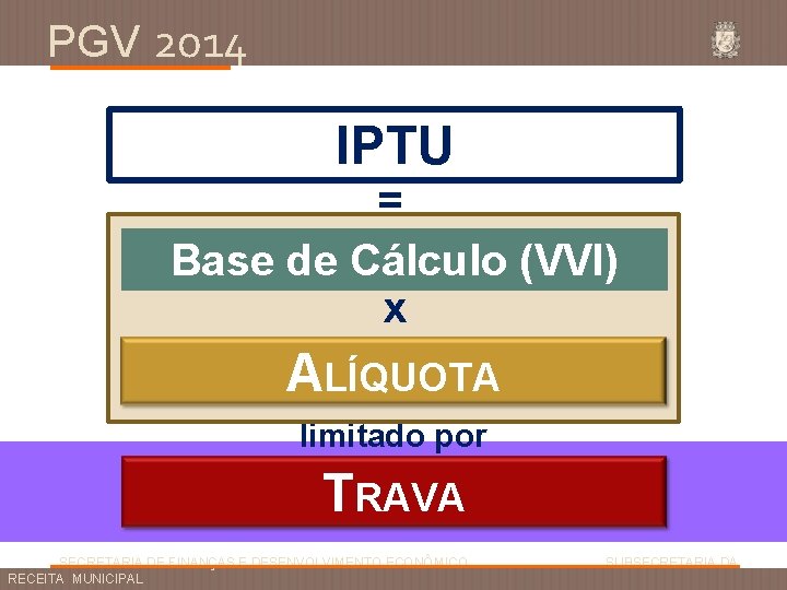 PGV 2014 IPTU = Base de Cálculo (VVI) x ALÍQUOTA limitado por TRAVA SECRETARIA