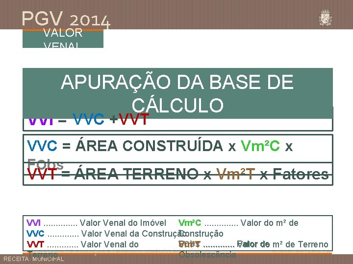 PGV 2014 VALOR VENAL APURAÇÃO DA BASE DE CÁLCULO VVI = VVC +VVT VVC