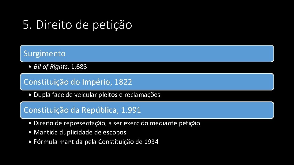 5. Direito de petição Surgimento • Bil of Rights, 1. 688 Constituição do Império,