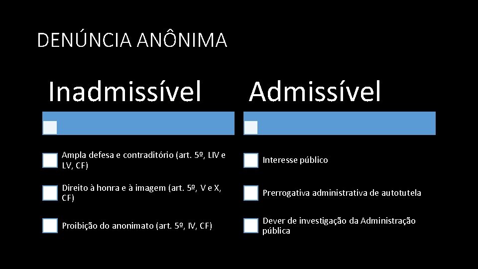 DENÚNCIA ANÔNIMA Inadmissível Ampla defesa e contraditório (art. 5º, LIV e LV, CF) Interesse