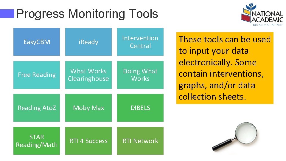 Progress Monitoring Tools Easy. CBM i. Ready Intervention Central Free Reading What Works Clearinghouse