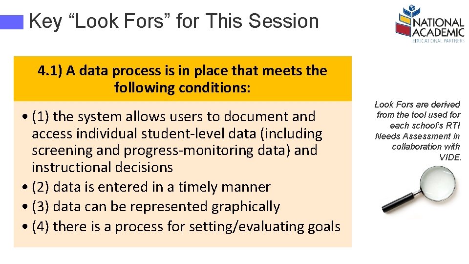 Key “Look Fors” for This Session 4. 1) A data process is in place