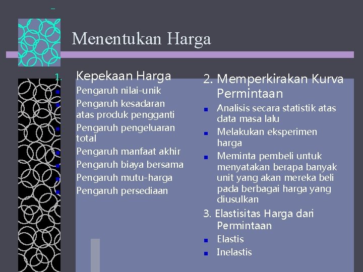 Menentukan Harga 1. Kepekaan Harga Pengaruh nilai-unik Pengaruh kesadaran atas produk pengganti Pengaruh pengeluaran