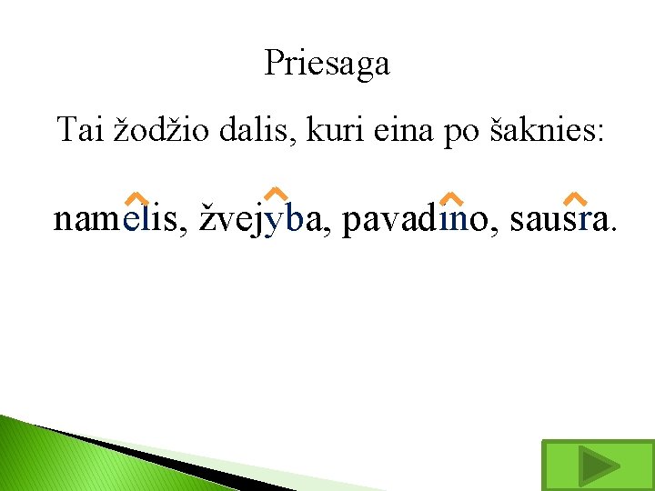 Priesaga Tai žodžio dalis, kuri eina po šaknies: namelis, žvejyba, pavadino, sausra. 