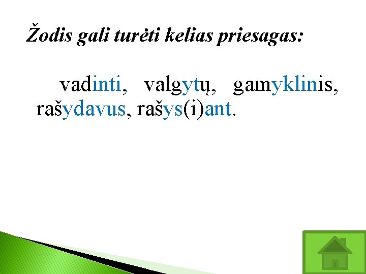 Žodis gali turėti kelias priesagas: vadinti, valgytų, gamyklinis, rašydavus, rašys(i)ant. 