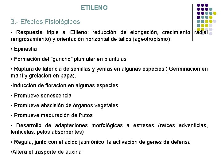ETILENO 3. - Efectos Fisiológicos • Respuesta triple al Etileno: reducción de elongación, crecimiento