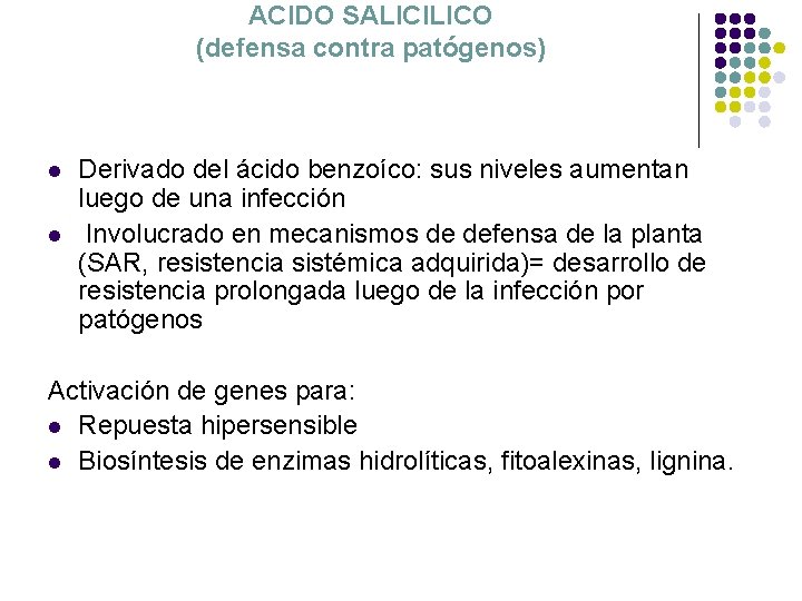 ACIDO SALICILICO (defensa contra patógenos) l l Derivado del ácido benzoíco: sus niveles aumentan