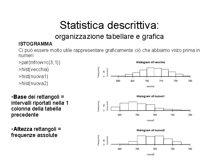 Statistica descrittiva: organizzazione tabellare e grafica ISTOGRAMMA Ci può essere molto utile rappresentare graficamente