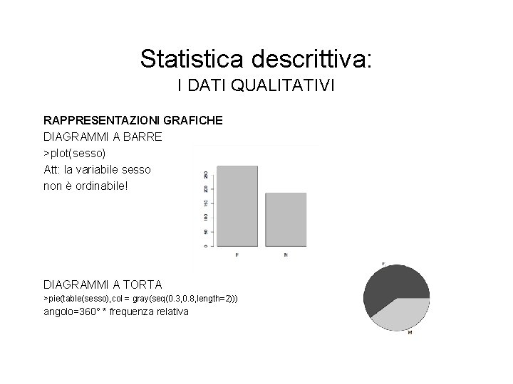 Statistica descrittiva: I DATI QUALITATIVI RAPPRESENTAZIONI GRAFICHE DIAGRAMMI A BARRE >plot(sesso) Att: la variabile