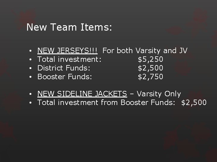 New Team Items: • • NEW JERSEYS!!! For both Varsity and JV Total investment: