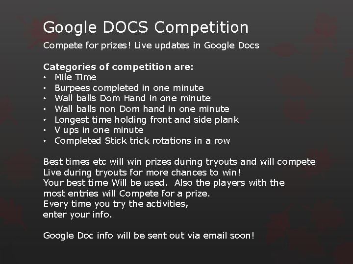 Google DOCS Competition Compete for prizes! Live updates in Google Docs Categories of competition