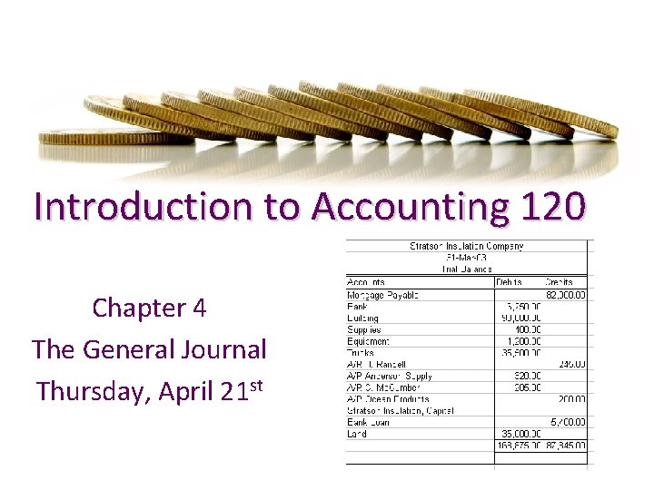 Introduction to Accounting 120 Chapter 4 The General Journal Thursday, April 21 st 