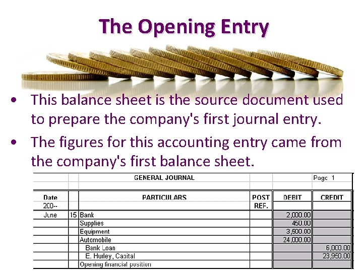  The Opening Entry • This balance sheet is the source document used to